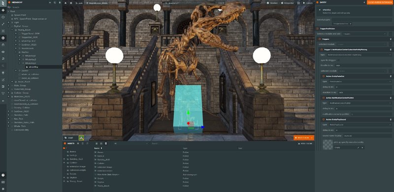 3D game development interface showing a dinosaur skeleton in a virtual museum setting with lighting and asset details.