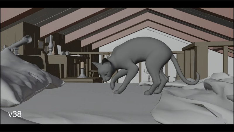 A 3D-rendered gray cat standing on a surface in an attic, surrounded by various objects like bottles and frames.