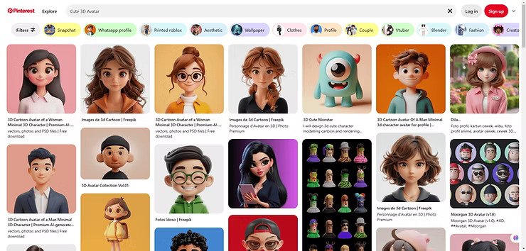 A Pinterest page displaying various cute 3D cartoon avatars, including characters with different hairstyles and outfits.