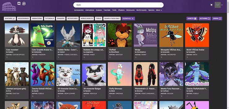 A VRCArena search results page showing various cute 3D avatars and characters, including animals and humanoid figures, on a digital platform.