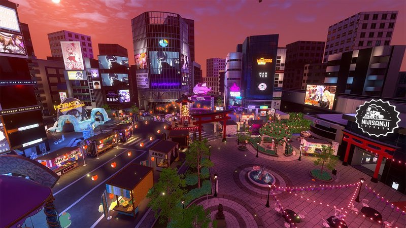 A VRChat world that has a cityscape theme with a Nijisanji building in the front.