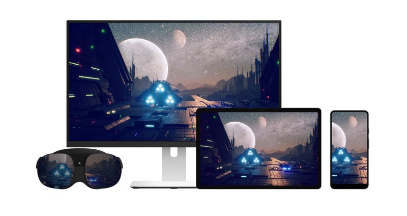 A computer, tablet, phone, and XR headset feature a stunning futuristic space scene, emphasizing VIVERSE's cross-compatibility with all devices.