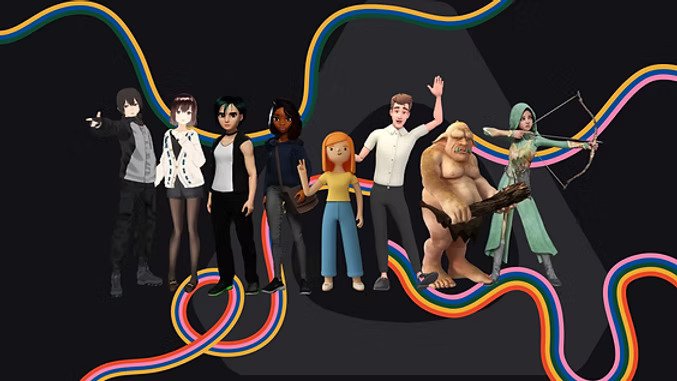 A diverse group of animated avatars standing together, featuring different styles and a colorful wavy background.