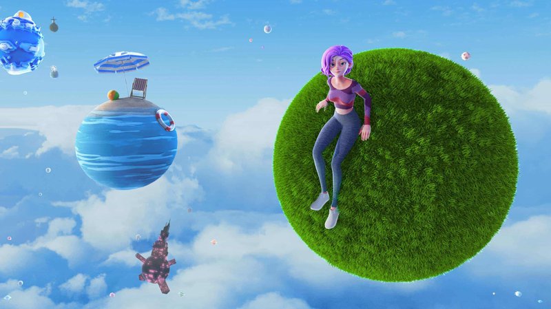 A girl with purple hair sits on a small grassy planet in the clouds, creating a dreamy, surreal virtual world..jpg