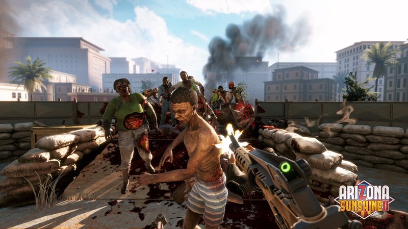 A high-resolution screenshot of the game’s main character in action, surrounded by zombies in a desert setting.