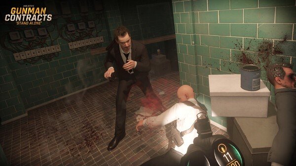 A man in a suit confronts an injured person in a tiled room, with blood splattered on the walls and floor.