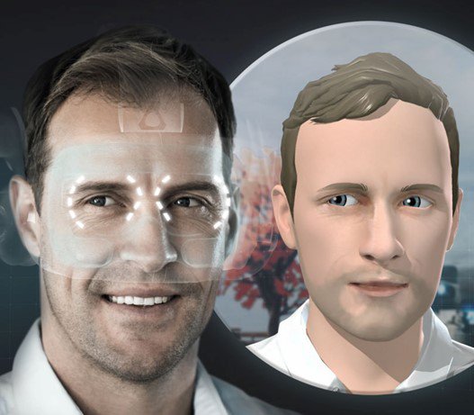A pair of human eyes and a pair of VR avatar eyes moving in sync thanks to eye-tracking technology.