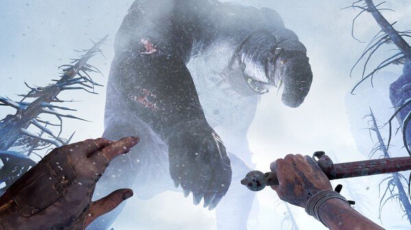 A person with a sword faces a giant creature in a snowy forest.