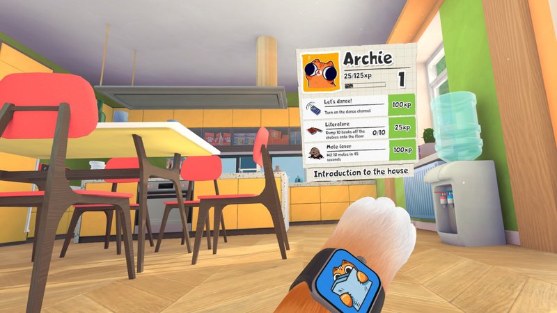 A scene showing the cat character viewing objectives within the game.