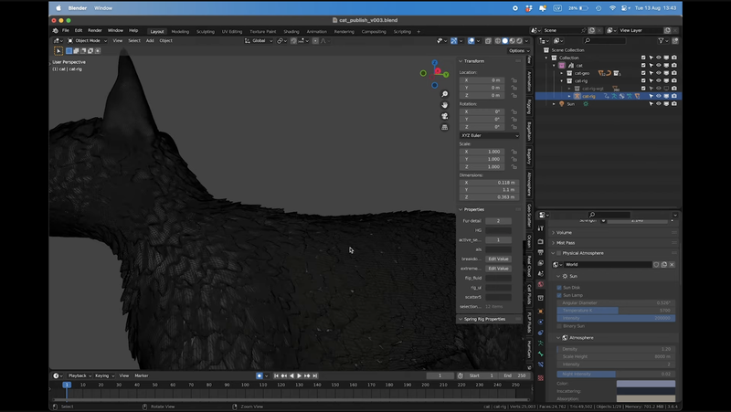 A screenshot of Blender software displaying a 3D rendering of a black furry cat in close-up, showing detailed textures.