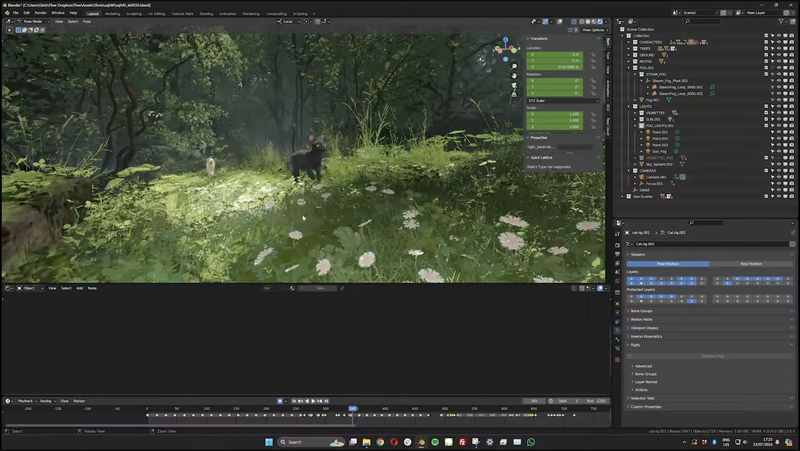 A screenshot of Blender software showing a 3D-rendered forest scene with a black cat standing on a path surrounded by greenery and flowers.