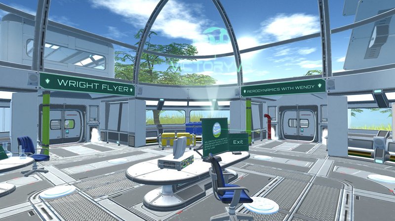 A virtual reality scene depicting the interior of an observatory-style building.