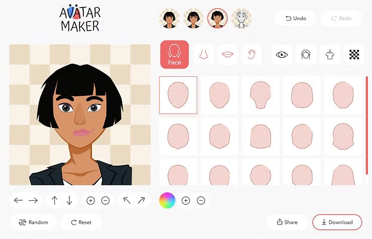 An avatar customization screen showing a character with short black hair and a neutral expression. Various face shape options are displayed on the right.