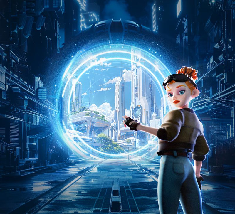 Animated character in a futuristic city with glowing portal.