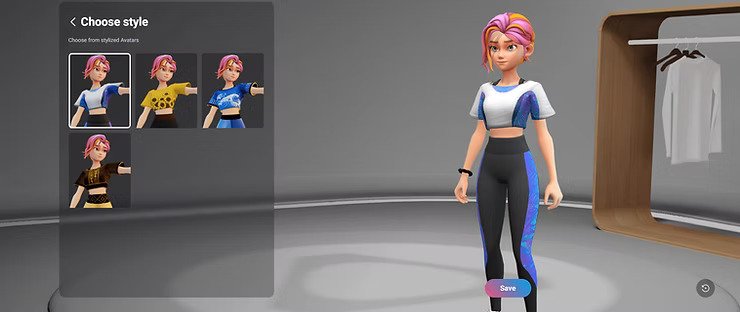 Avatar customization screen showing a character with pink hair and various outfit options in a wardrobe setting.