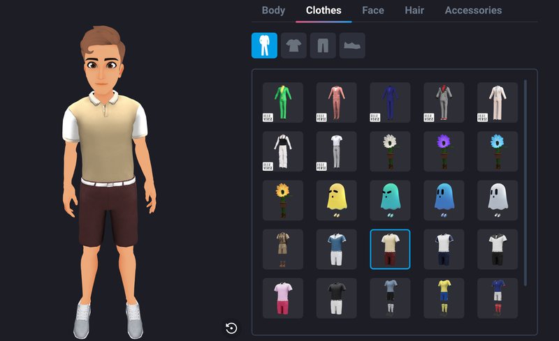 Avatar customization screen showing clothing options and a character model.