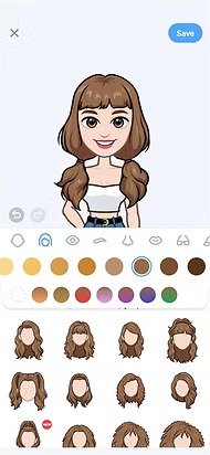 Avatar editor with a female character, hairstyle options, and a color palette.