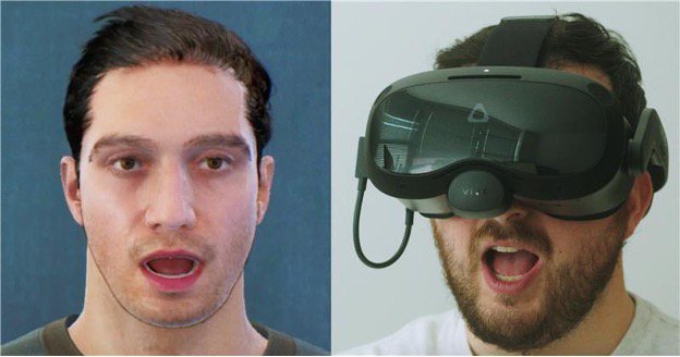 Avatar mirroring facial expression of user wearing VIVE Focus 3 VR headset with Facial Tracker and Eye Tracker.jpg