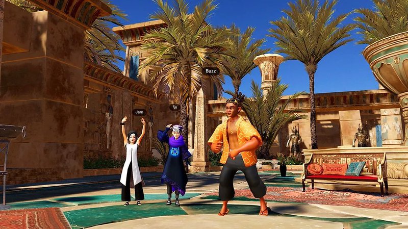 Avatars in a virtual Egyptian setting with palm trees and statues.