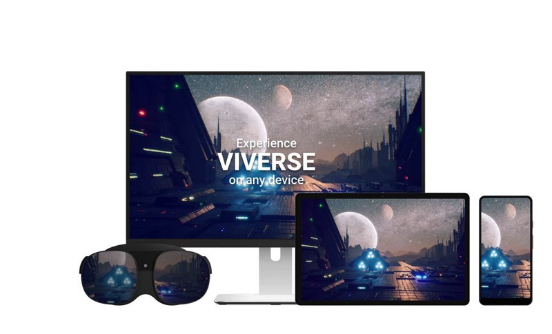 Browser compatibility of VIVERSE Create being used on multiple different devices.