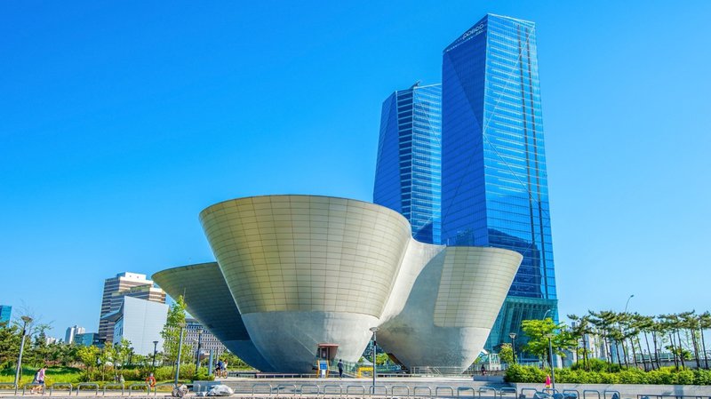 Business district of Songdo, South Korea, on a sunny day