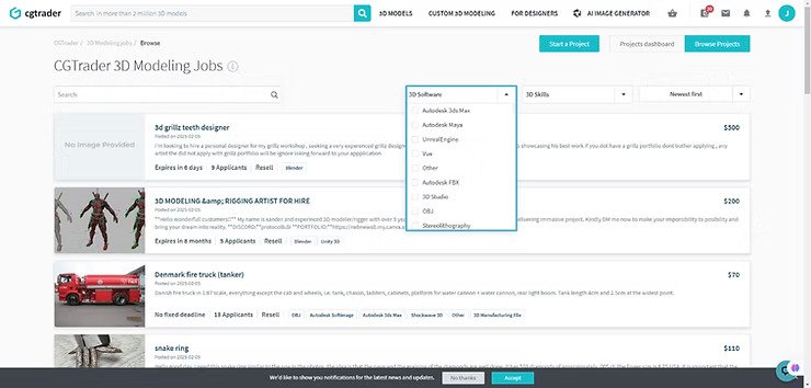 CGTrader job listings for 3D modeling, with filters for software and skills. Jobs include tech designer and fire truck modeler.