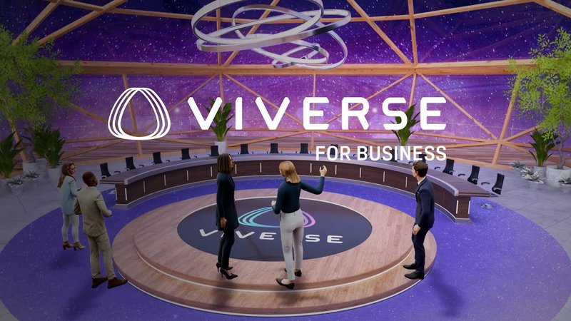 Corporate business meeting in virtual reality conference room, with avatars standing beside each other.