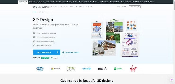 DesignCrowd's 3D Design service, featuring freelance designers, project costs, and client logos like Microsoft and Spotify.