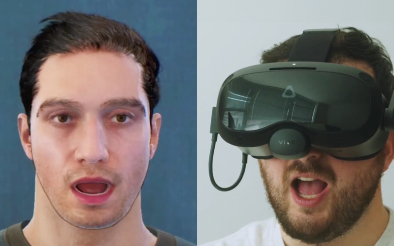 Digital human replicating facial movements of man wearing VIVE Focus 3 with Eye and Facial Trackers