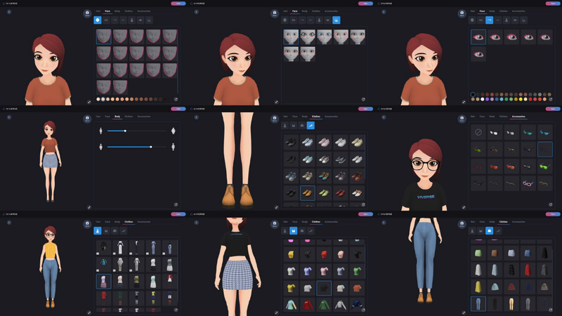 Face, body, clothing, and accessory options being selected to create a stylized VR character avatar in VIVERSE