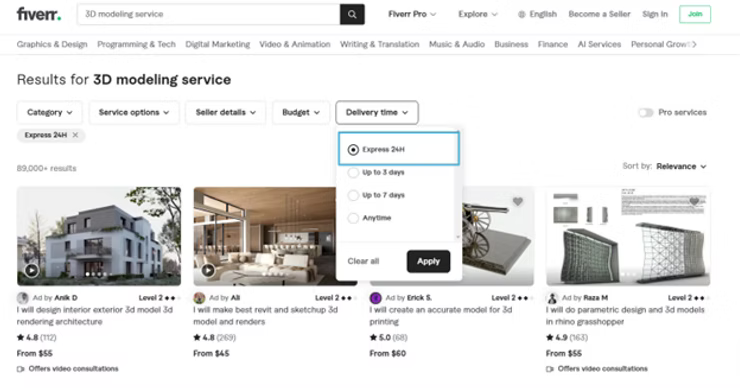 Fiverr search results for 3D modeling services, showing gig options with delivery times, ratings, and starting prices.