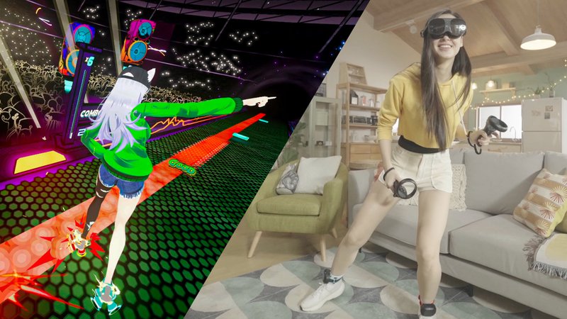 Girl wearing TrackStraps with VIVE Ultimate Trackers while playing Dance Dash VR game