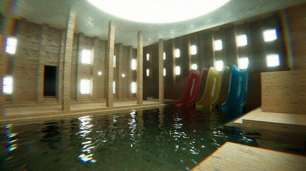 Indoor pool with red, yellow, and blue slides, surrounded by wooden walls and columns.