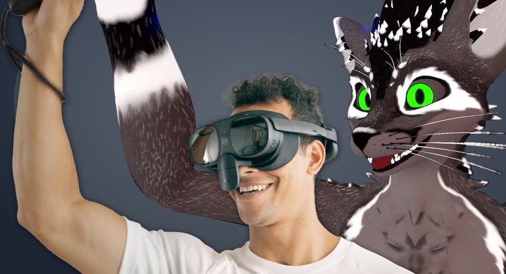 Man wearing VIVE XR Elite and VIVE Full Face Tracker beside virtual avatar with the same facial expression.