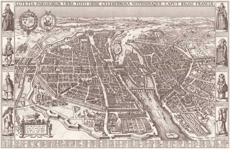 Detailed map of Paris from 1818 from a birds-eye perspective, along with four individuals on each side of the map.