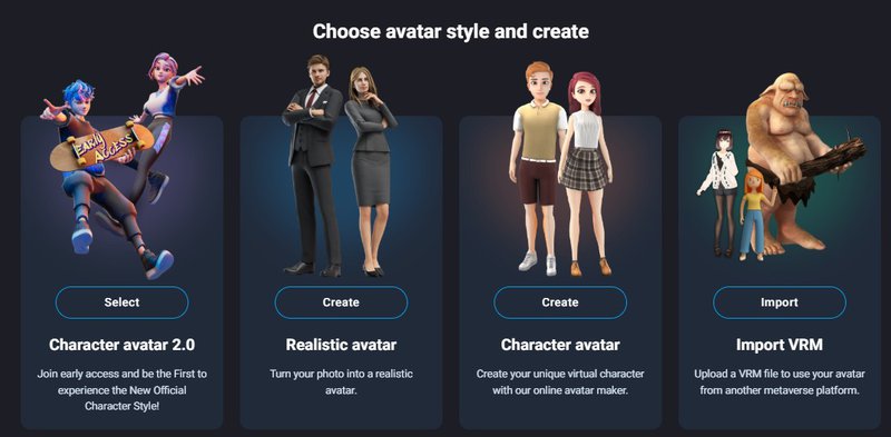 Options for creating avatars character avatar 2.0, realistic avatar, character avatar, and VRM import.