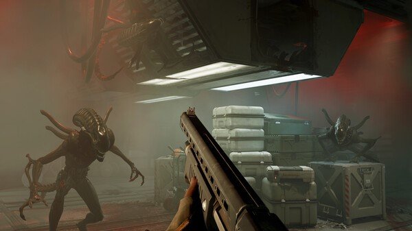 Person aims a shotgun at alien creatures in a dimly lit industrial setting.