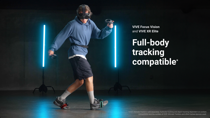 Person using VR headset with VIVE Ultimate Trackers for full-body tracking.