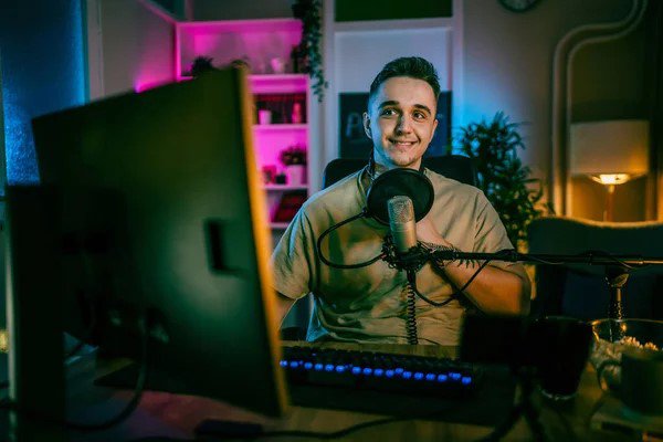 A male streamer and UGC content creator smiling confidently in his studio space.