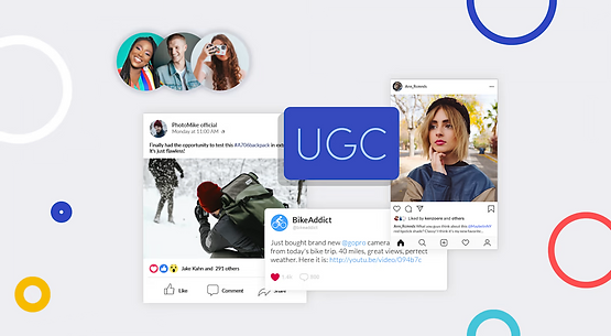 Social media posts with a UGC label, featuring diverse users and activities.