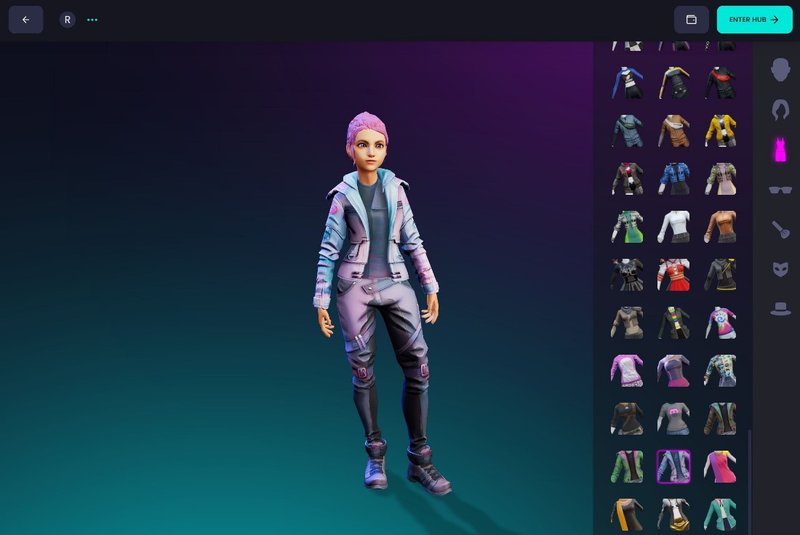 Stylized digital avatar beside selection of clothing options in the VRChat avatar maker