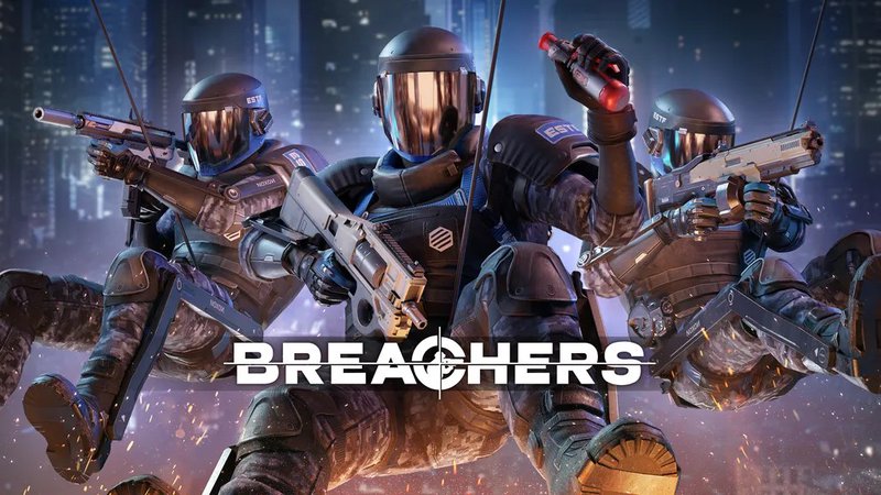 The cover art of Breachers VR showcases its high-definition graphics and tactical combat elements.