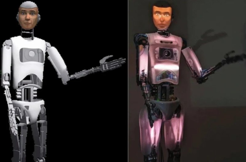 The humanoid robot on the screen and the physical humanoid robot.