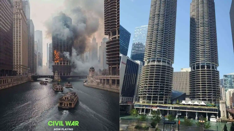 The left shows an A24 poster, which significantly differs from the real appearance of the waterfront skyscrapers