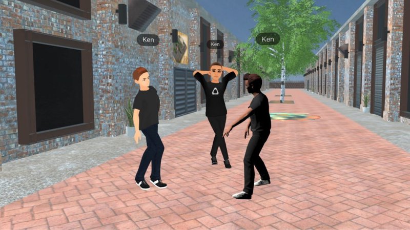 Three avatars posing on a virtual street in VIVERSE