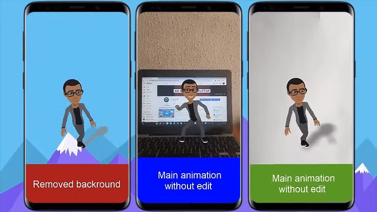 Three smartphone screens displaying an animated avatar in different backgrounds removed, on a laptop, and plain.