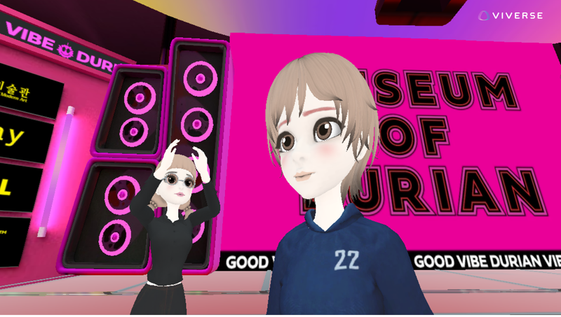 Two virtual avatars touring Fametaverse, the durian-themed metaverse world within VIVERSE.png