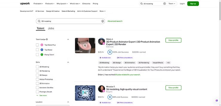 Upwork search results for 3D modeling talent, showing profiles with skills, job success rates, and earnings.