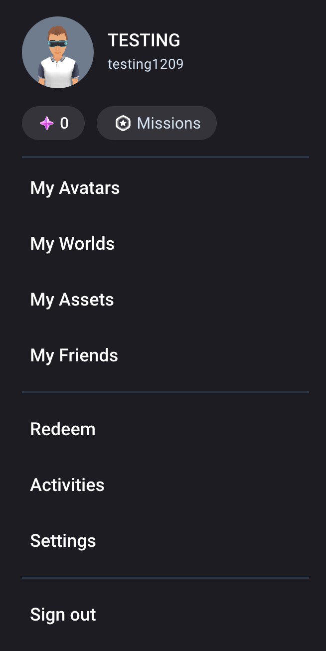 User profile menu with avatar, missions, and options for avatars, worlds, assets, and settings.