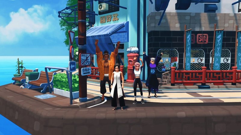 A group of the VIVERSE default Avatars, grouped together and enjoying virtual adventures in VIVERSE’s Cat Adventure World.